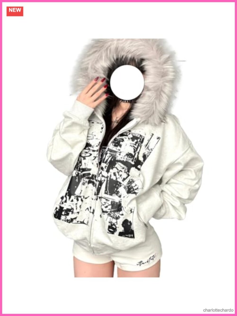 Y2K Grunge Faux Fur Hoodie Zip Up Punk Gothic Graphic Jacket Streetwear